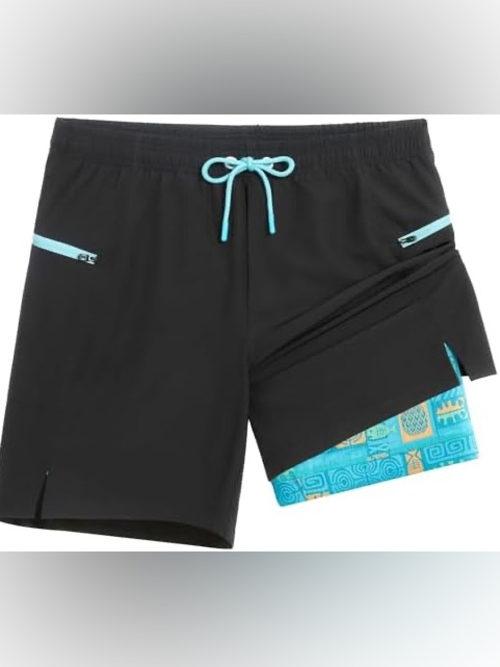 Men's Black Swim Trunks with Aqua Drawstring and Patterned Liner